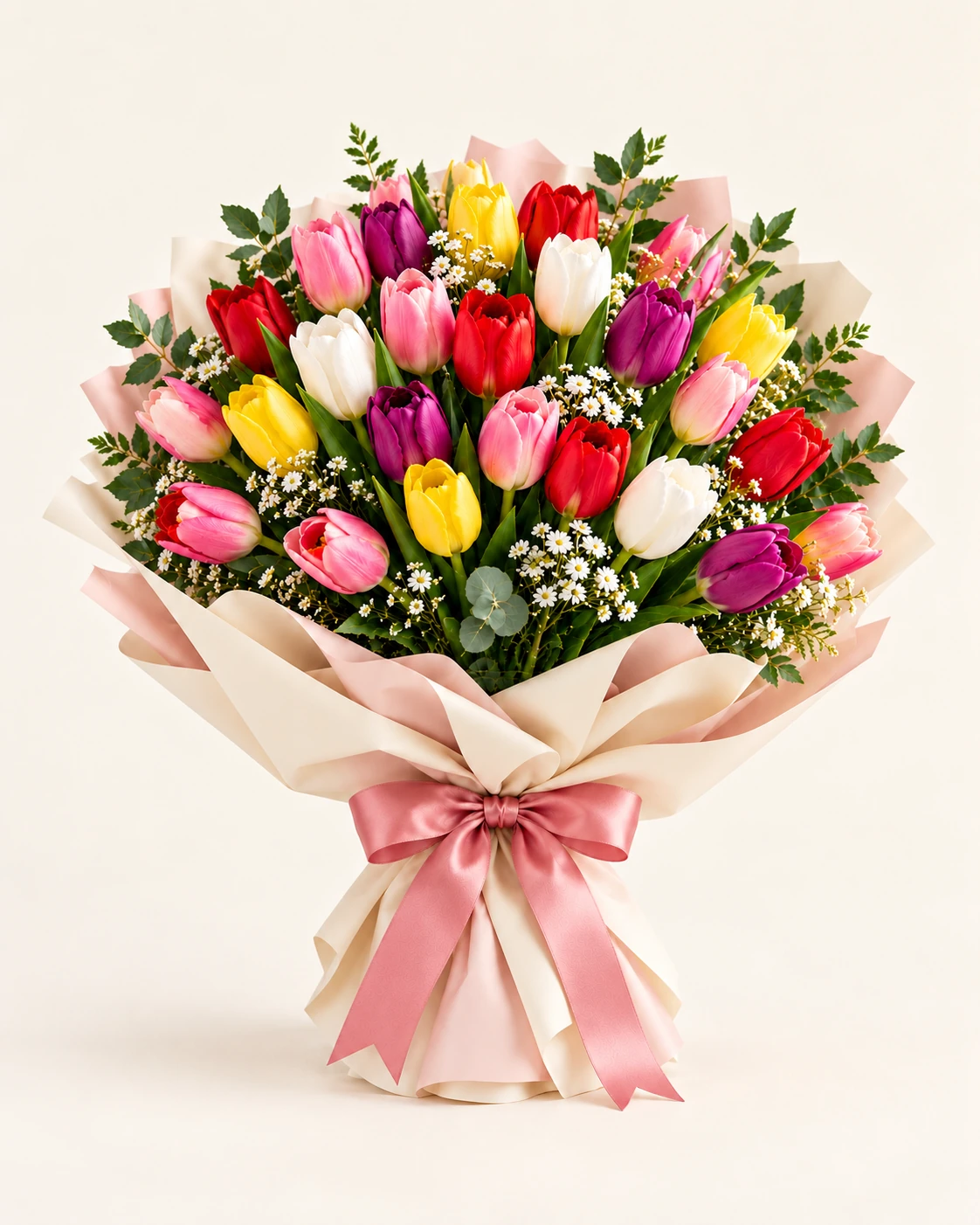 Colourful tulips with small white flowers and greenery in ivory and blush Korean-style flower wrapping with a pink satin bow.