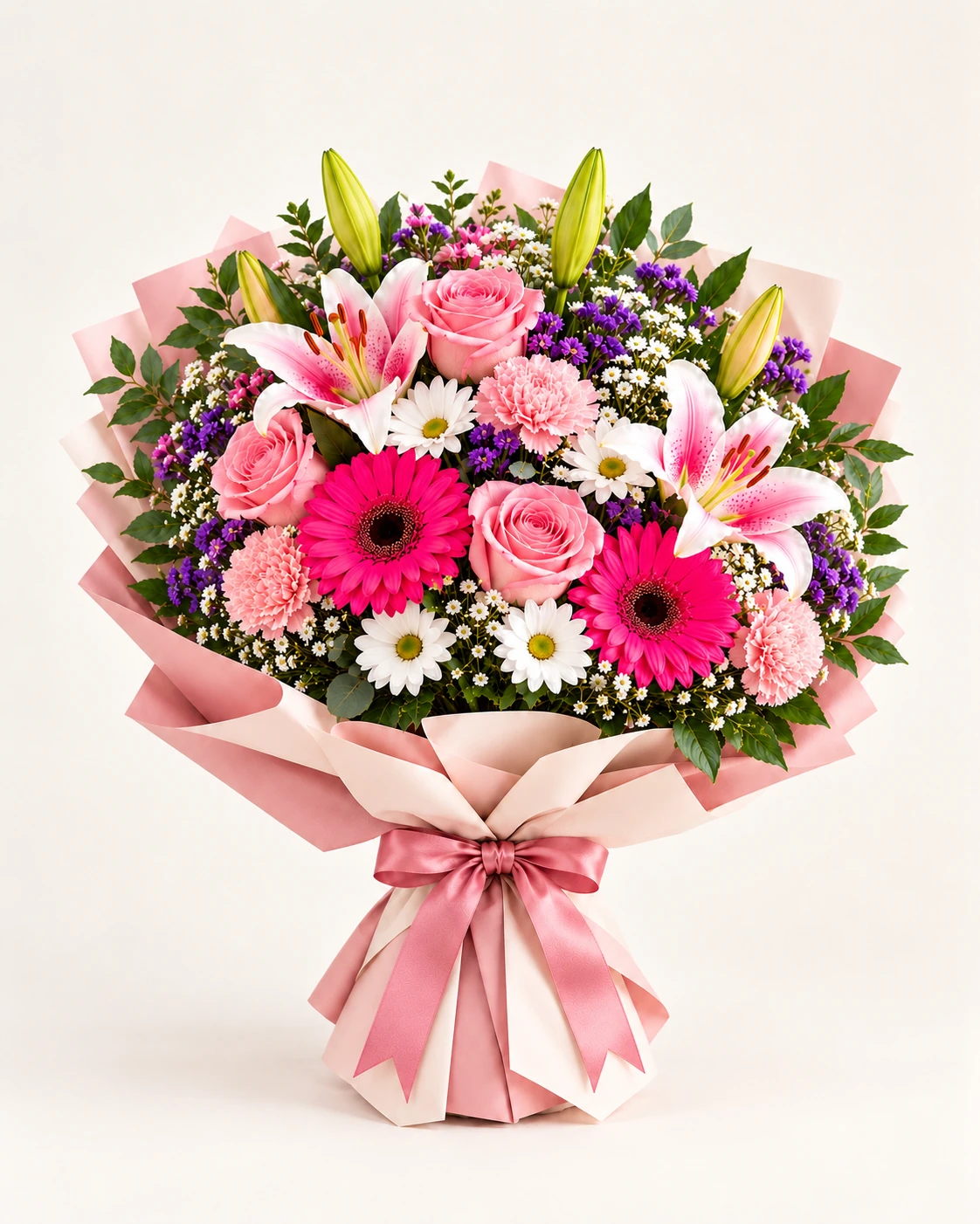 Pink mixed flowers with white daisies and greenery in blush and ivory Korean-style flower wrapping with a pink satin bow.