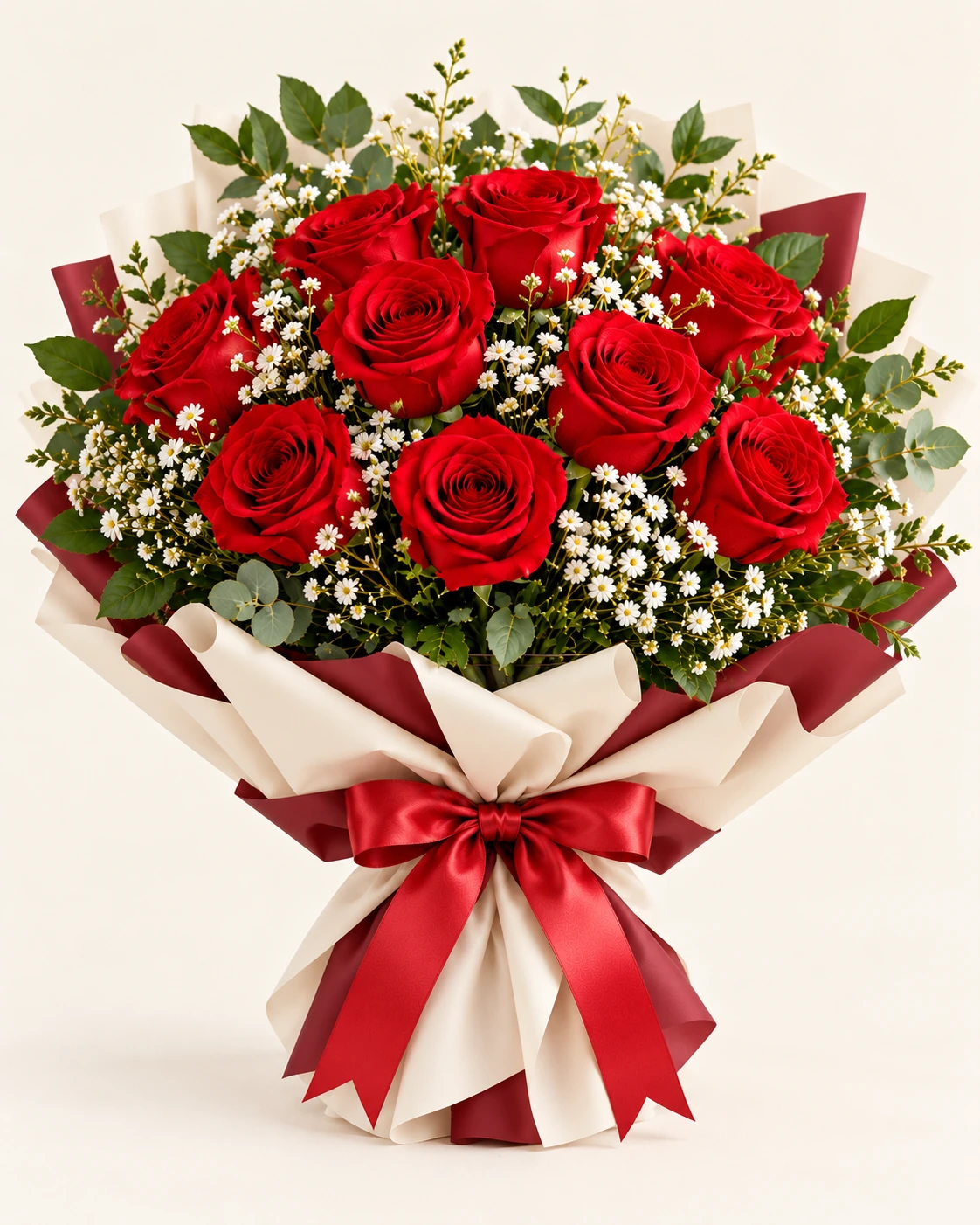 Red roses with greenery and small white flowers in ivory and burgundy Korean-style flower wrapping with a red satin bow.