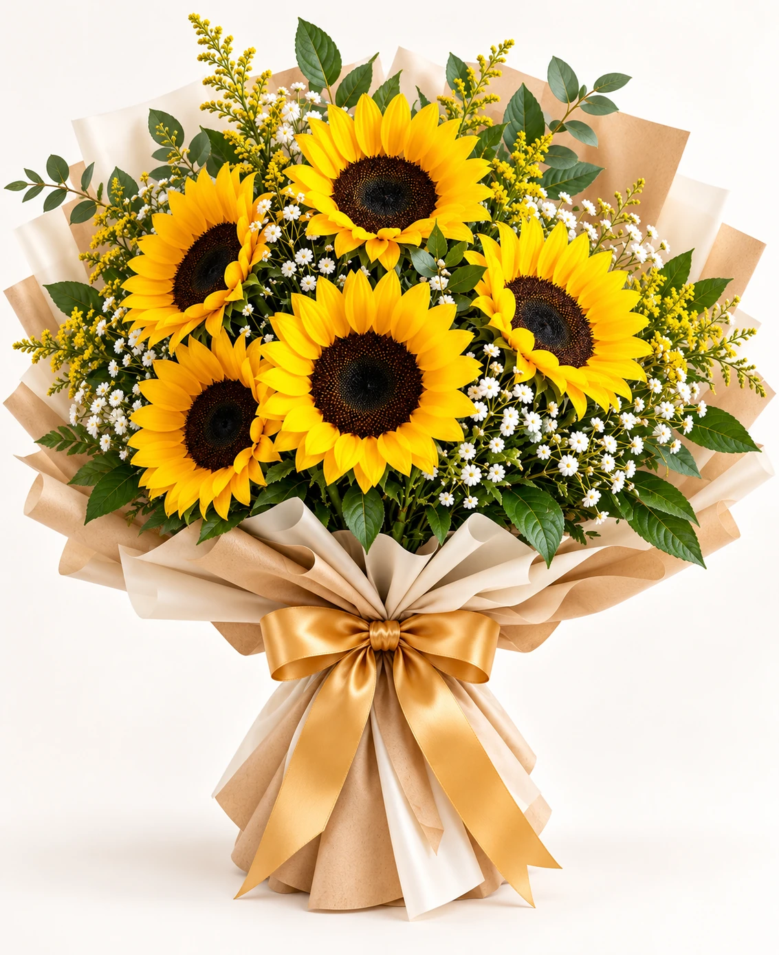 Yellow sunflowers with small white flowers and greenery in kraft and ivory Korean-style flower wrapping with a gold satin bow.